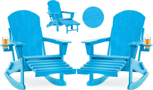 Miniatura 22 de Mecedora plegable Adirondack, silla de patio multifuncional 4 en 1 con otomana retráctil, silla de exterior con textura de madera, silla de césped