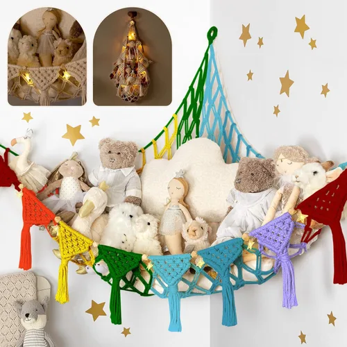 Miniatura 8 de TIDYTEDS Macramé DreamLights Hamaca de Red de Almacenamiento de Animales de Peluche Boho Extra Grande Soporte de Almacenamiento de Juguetes de Azul