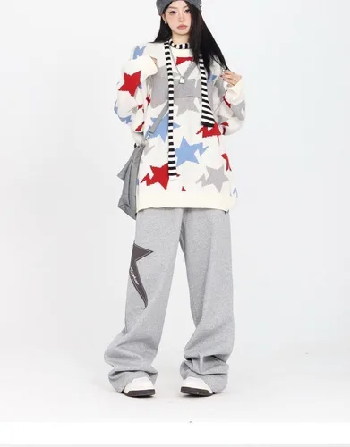 Miniatura 6 de Pooyikoi Pantalones deportivos para mujer, con cordón elástico, cintura elástica, holgados, pierna ancha, pantalones con estampado de estrellas Y2K