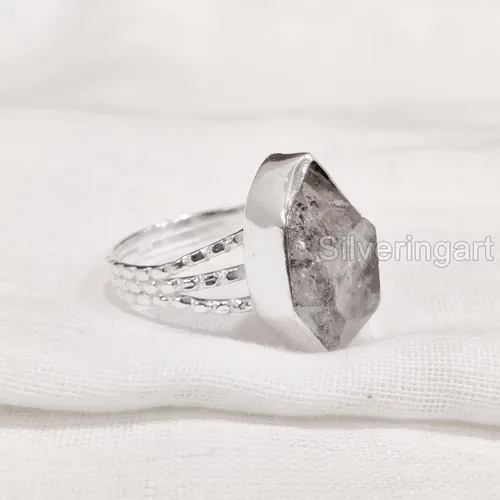 Miniatura 2 de Natural Herkimer Diamond Ring, Rough Herkimer Diamond Ring, Birthstone, 3 Doted Band, 925 Sterling Silver, Womens Ring, Christmas, Thanksgiving