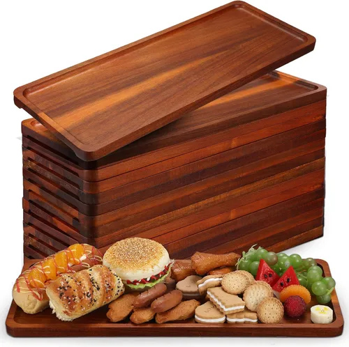 Skylety Paquete de 15 bandejas de madera maciza para servir grandes de acacia para fiestas, tablero rectangular de charcutería con mango ranurado