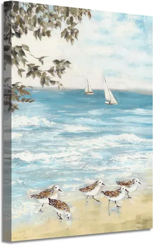 Miniatura 9 de Arte de pared enmarcado costero abstracto, imagen de silla de playa, pintura moderna del océano, impresiones de paisaje marino relajante, decoración