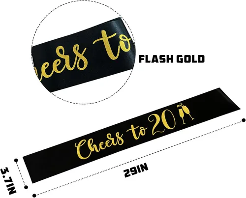 Miniatura 2 de Banda con texto en inglés "Cheers to 20", banda de oro negro con texto en inglés "It's My 20th Birthday" para mujeres y hombres, regalos de feliz 20