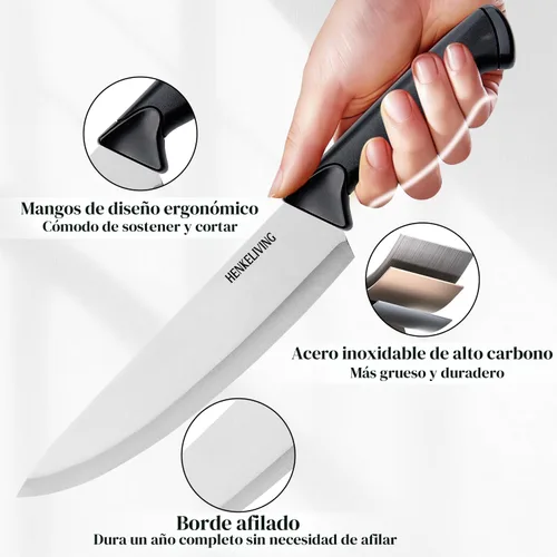 Miniatura 3 de Juego de cuchillos de cocina de 6 piezas, acero inoxidable alemán de alto carbono, duradero y fácil de limpiar, color negro