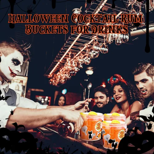 Miniatura 6 de Sliner 20 cubos pequeños para dulces de Halloween de 34 onzas, 100 calcomanías de terror, cubetas de ron de cóctel con tapa y asa para Halloween