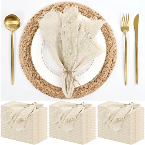 Miniatura 19 de Paquete de 12 servilletas de lino y algodón beige de 16 x 16 pulgadas, hechas a mano con flecos, servilletas de tela suave, lavables y rústicas