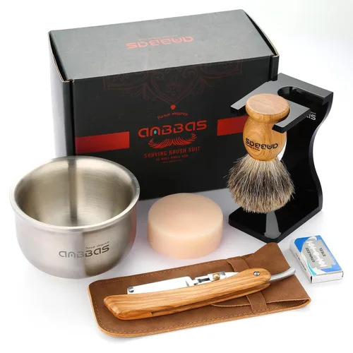 Miniatura 9 de Anbbas Brocha de afeitar de pelo de tejón, soporte, cuenco de espuma, jabón de 3.5 onzas, maquinilla de afeitar recta con bolsa y corte de afeitar