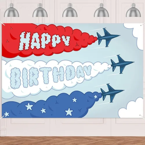 Cartel de feliz cumpleaños de avión, telón de fondo de tiempo vuela cielo, nube arriba y lejos, decoración temática para aviador, niños, niñas,