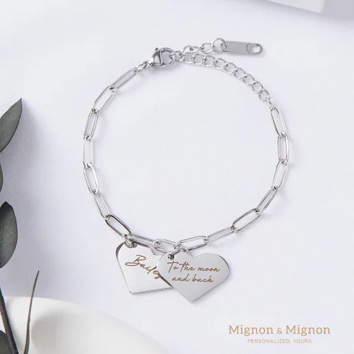 Miniatura 5 de MignonandMignon Pulsera de cadena de clip personalizada para ella, pulsera con colgante de corazón grabado personalizado, joyería con encanto