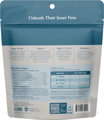 Miniatura 8 de Fera Pets Polvo de colágeno para gatos y perros, 5 tipos de colágeno + UC-II® clínicamente estudiado, suplemento para huesos, intestinos
