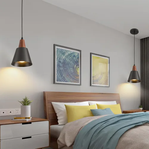 Miniatura 7 de Paquete de 2 luces colgantes, luces colgantes negras para isla de cocina, cúpula de madera, luces colgantes industriales minimalistas para isla