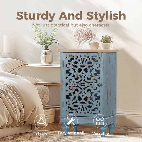 Miniatura 5 de MAISON ARTS Gabinete de Acento Pequeño con Una Puerta, Gabinete de Almacenamiento Calado Mesa Lateral Envejecida con Patas de Madera Sólida para Azul