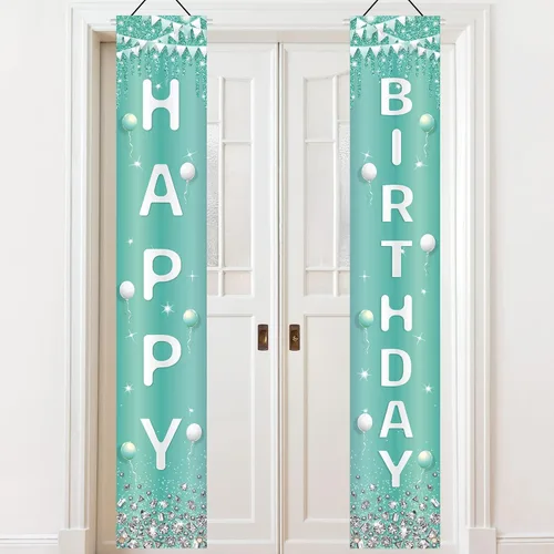 Cartel de puerta de feliz cumpleaños plateado verde azulado con diamantes de imitación turquesa, decoración de cumpleaños azul claro dulce 16 feliz
