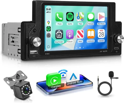 Rimoody Radio de coche estéreo de un solo DIN inalámbrico Carplay Android Auto con Bluetooth 5.0, pantalla táctil de 5.9 pulgadas, reproductor MP5,