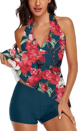 Miniatura 3 de Traje de baño tankini halter de dos piezas para mujer, con control de abdomen, cuello en V, con pantalones cortos
