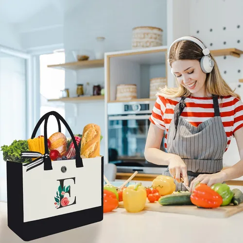 Miniatura 43 de Bolsa de lona con inicial, regalos de cumpleaños personalizados para mujeres, madres, amigas y profesoras, bolsas de mano con monograma adecuadas