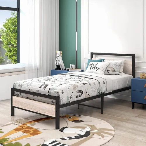 Miniatura 6 de HOJINLINERO Marco de cama individual con cabecera de madera, marco de cama de metal con plataforma individual, no necesita somier, listones de acero