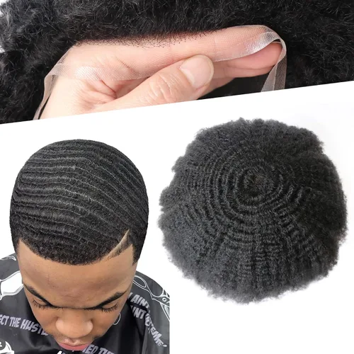 Miniatura 26 de Pelucas Afro Rizadas Toupé para Hombres Pelucas para Hombre Afroamericano Negro Unidad de Cabello Masculino Negro Rizado Afro Tejido Masculino