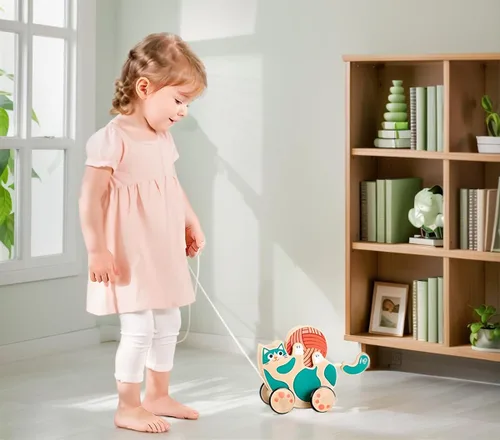 Miniatura 4 de Hape Juguete de madera Walk-A-Long para gatito, juguete de tirar y sonajero para niños pequeños, juguetes Montessori para caminar niños pequeños