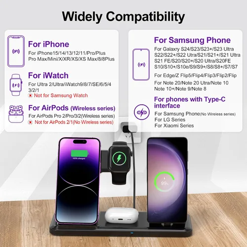 Miniatura 3 de Cargador inalámbrico para estación de carga de iPhone, plegable 4 en 1, carga rápida para iPhone 16, 15, 14, 13, 12 Pro Max, soporte de cargador