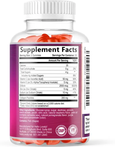 Miniatura 9 de Gomitas de péptidos de colágeno – 2500 mcg de D-biotina por porción – Proteína hidrolizada tipo I y III Suplemento de colágeno múltiple con vitamina