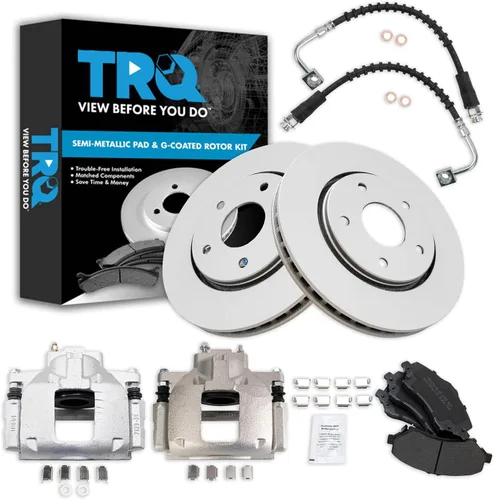Miniatura 15 de TRQ Kit de pastillas de freno delantero y rotor, pinza de freno, manguera de freno, rotor de freno, semimetálico, revestimiento G, compatible