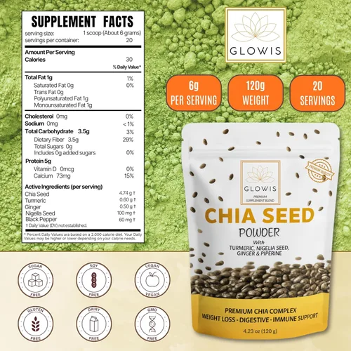 Miniatura 6 de Polvo de semilla de chía orgánica, mezcla de superalimentos 5 en 1 con cúrcuma, jengibre, nigella y pimienta negra, fibra, proteínas y apoyo