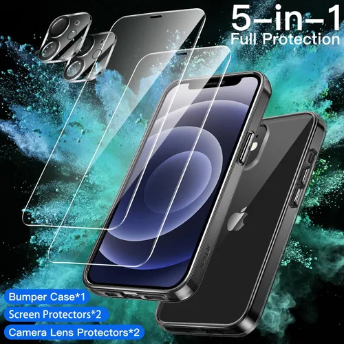 Miniatura 2 de JETech Funda 5 en 1 para iPhone 12 Mini de 5.4 pulgadas, con 2 protectores de pantalla y 2 protectores de lente de cámara, película de vidrio Negro