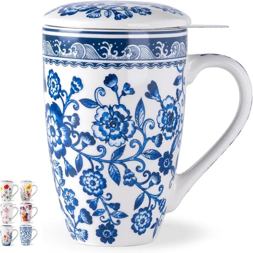 Miniatura 14 de AmorArc Taza de té de porcelana de 18 onzas con infusor y tapa, taza de té de hojas sueltas con colador de acero inoxidable, taza de café grande