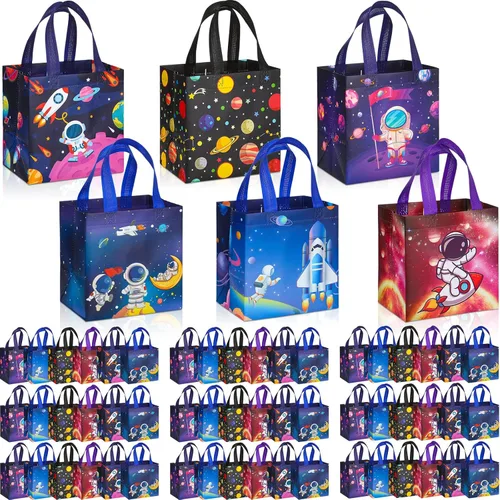Miniatura 12 de Kigeli 60 bolsas de regalos espaciales de 6 estilos, recuerdos de fiesta espacial, bolsas grandes de regalo no tejidas con asas, bolsa de dulces