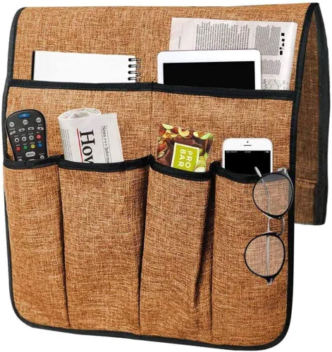 Miniatura 9 de Organizador de reposabrazos de cuero antideslizante para sofá, soporte remoto, sillón reclinable con 6 bolsillos para revistas, libros, control