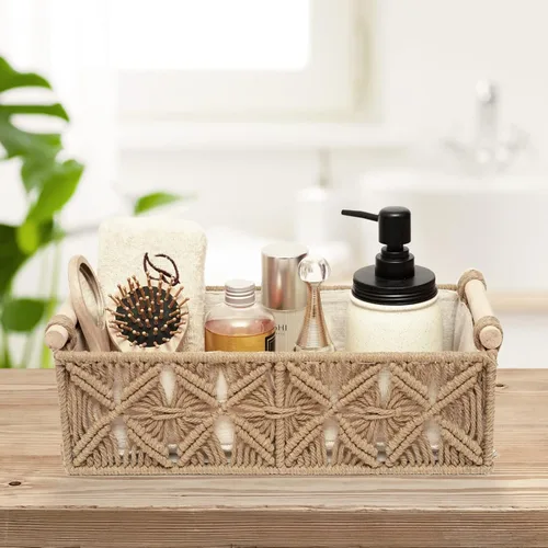 Miniatura 2 de Cesta de almacenamiento de macramé, canasta decorativa bohemia para organizar, cesta decorativa tejida para encimera, cesta de papel higiénico