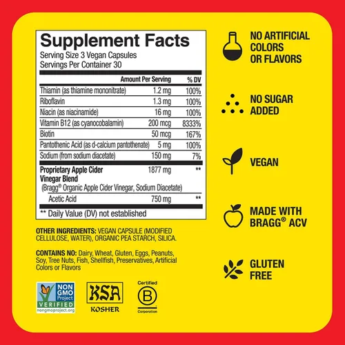 Miniatura 7 de Bragg Energy Cápsulas de vinagre de sidra de manzana con vitaminas B-12, 90 cápsulas, control de peso, sin OMG, vegano, sin gluten, sin azúcar