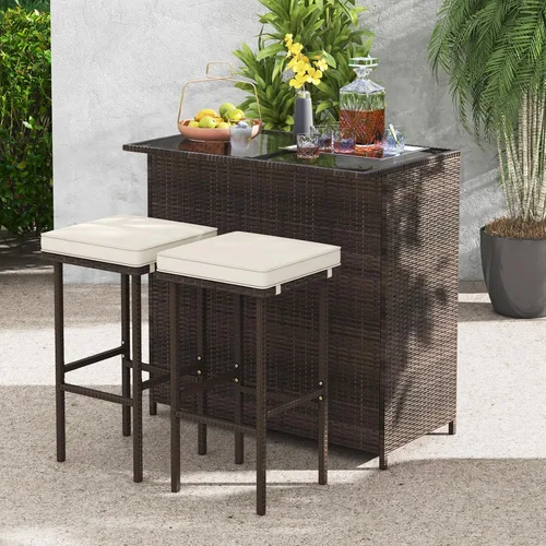 Miniatura 3 de Tangkula Juego de bar para patio, juego de 3 piezas de mimbre de ratán para exteriores con 2 cojines taburetes y mesa superior de cristal, juego