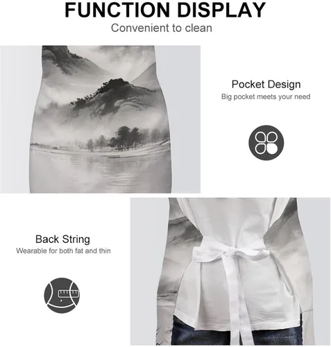 Miniatura 6 de MUSM Apron for Adults - 27.6 X 31.5 Inch, Heavy-Duty Polyester Aprons with Two Large Pockets, Waterproof Ink Painting Landscape Kitchen Apron for