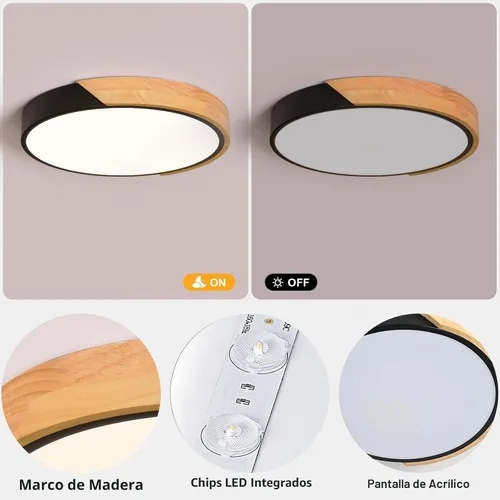 Miniatura 8 de Moderna lámpara de techo de madera regulable, LED minimalista 5CCT 2700K-6000K, lámpara de techo empotrada, lámpara de iluminación redonda para Negro
