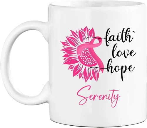 Miniatura 27 de Taza de café de concientización sobre el cáncer de mama con nombre personalizado, taza de café de 11 onzas, taza de té de cerámica blanca