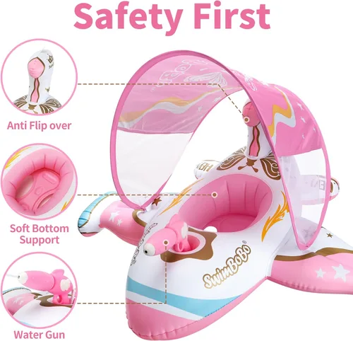 Miniatura 5 de Toddler Pool Float Inflatable Car Baby Swim Float with Adjustable Sun Canopy and Safety Seat Pool Toys for Kids 3+ Years Old