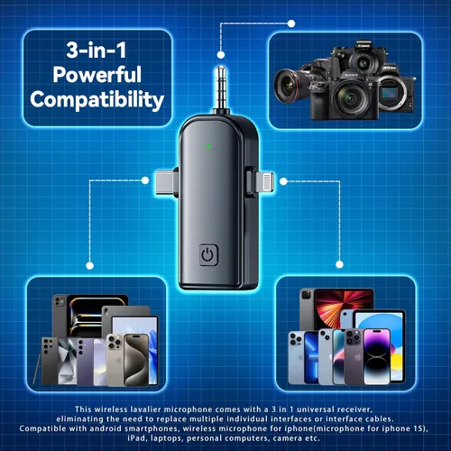 Miniatura 3 de Micrófonos inalámbricos Lavalier 3 en 1 para iPhone, Android, USB-C, Cámara, Chip de reducción de ruido incorporado, Plug-Play, Mini micrófono 2.4G