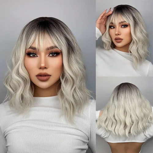 Miniatura 10 de Pelucas de pelo corto negro natural para mujeres con flequillo, 12 pulgadas, lacio, sintético, cosplay, fiesta de Halloween, peluca para niñas, uso