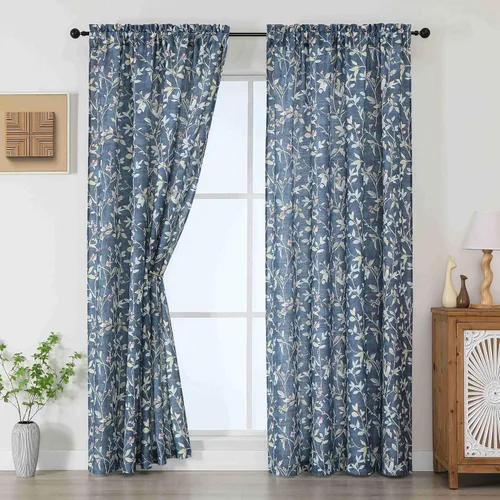 Miniatura 31 de Chyhomenyc Cortinas de mezcla de lino de 63 pulgadas de largo, 2 paneles de cortina con estampado floral filtrante de luz para sala de estar