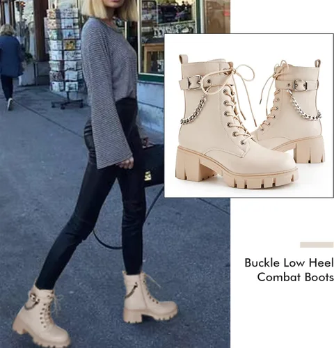 Miniatura 2 de TINSTREE Botas de combate de tacón bajo con hebilla de moda para mujer, botas de combate con cremallera lateral, botas antideslizantes para montar