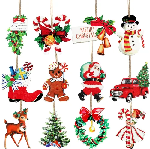 Amyhill 36 piezas de adornos de Navidad vintage de madera, adornos de Navidad vintage, Papá Noel, muñeco de nieve, pan de jengibre, adornos de