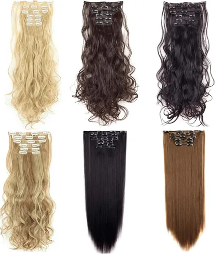 Miniatura 10 de Extensiones de pelo de 24 a 26 pulgadas, 6 unidades, 16 clips rizados, ondulados, rectos, gruesos, clip en extensiones de pelo sintético.