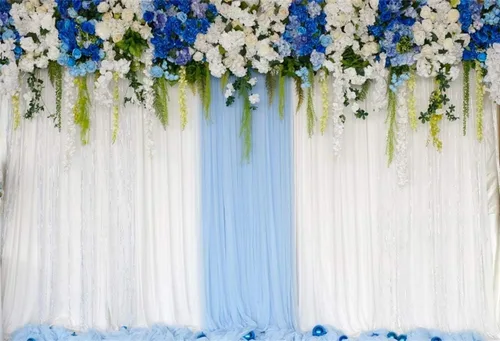 Miniatura 9 de AOFOTO Cortina de flores azules y blancas de 6 x 4 pies, telón de fondo de boda, romántico, cortinas de pared florales para novia, novio, damas
