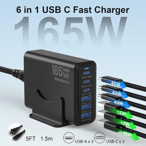 Miniatura 2 de Estación de carga USB C GaN de 165 W, cargador de escritorio de 6 puertos [3 USB-C PD + 3 USB-A], cargador rápido multidispositivo con cable de 5
