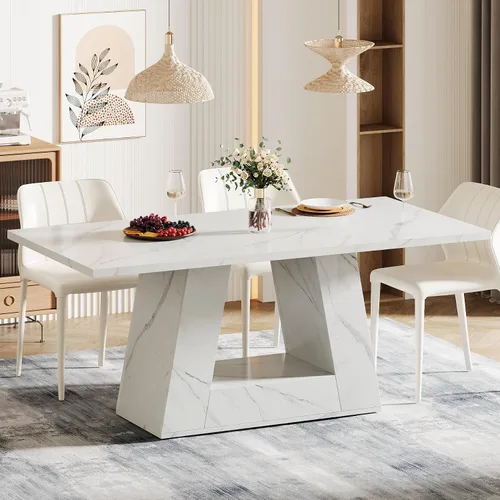 Miniatura 10 de Mesa de comedor Tribesigns para 4 a 6 personas, mesa rectangular de 63" para comedor, mesa moderna de madera con falso mármol para cenas con base
