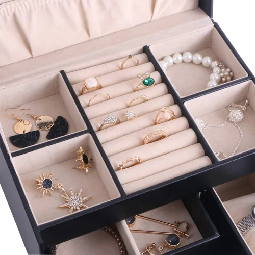 Miniatura 6 de BEWISHOME Caja organizadora de joyas de 20 secciones con candado, estuche portátil de almacenamiento de joyas para mujeres y niñas, aretes, anillo
