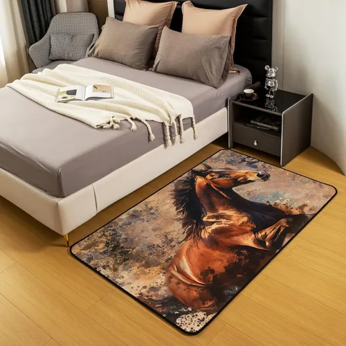 Miniatura 5 de Alfombra decorativa de caballo con pintura de tinta para adolescentes y adultos, estilo occidental, alfombra decorativa de naturaleza animal