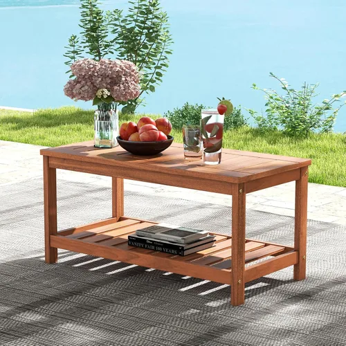 Miniatura 9 de Tangkula Mesa de centro de madera para exteriores, mesa de centro de patio de 2 niveles con mesa de madera dura de listones y estante